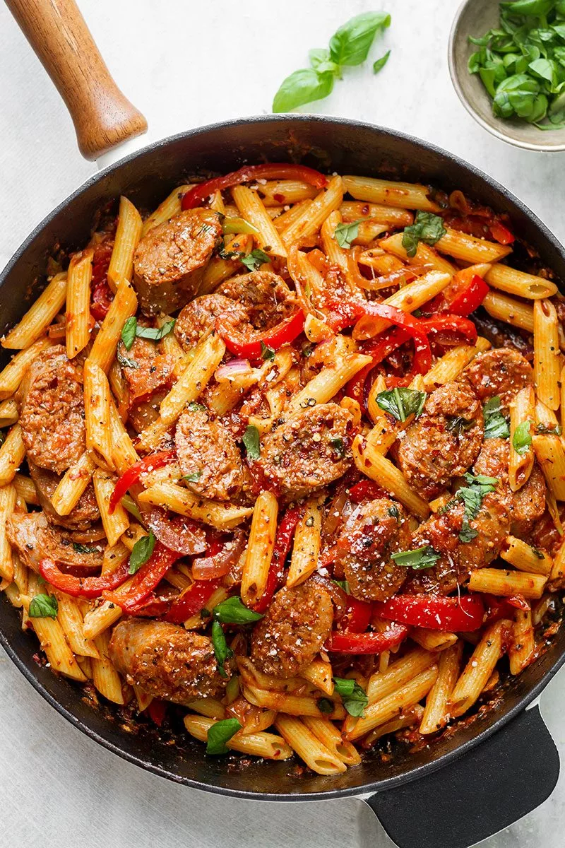 pan with pasta and sausage